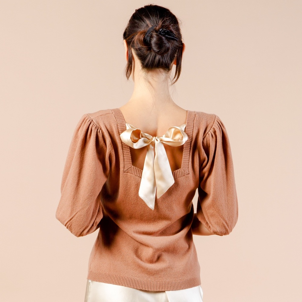 Puff Sleeve Cashmere Sweater w Silk Bow, Square Neck Knit, Silk Bow Tie Back - Picture 7 of 12